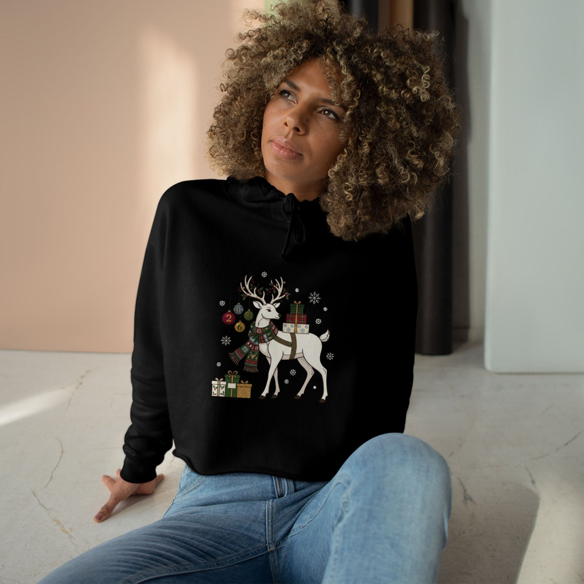 Felpa crop con cappuccio donna – Renna di Natale