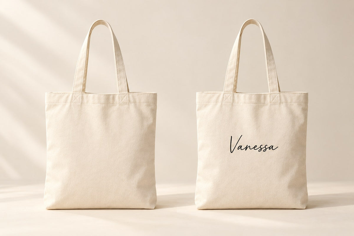 Esempio di una borsa semplice e della stessa borsa personalizzata con il nome Vanessa