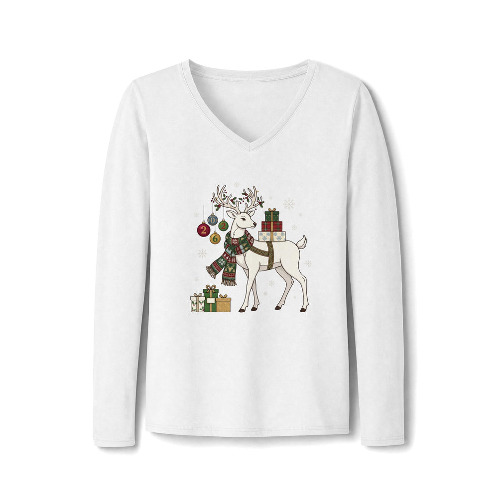 Maglietta a maniche lunghe con scollo a V da donna con renna natalizia