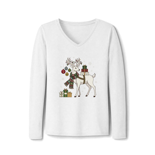 Maglietta a maniche lunghe con scollo a V da donna con renna natalizia
