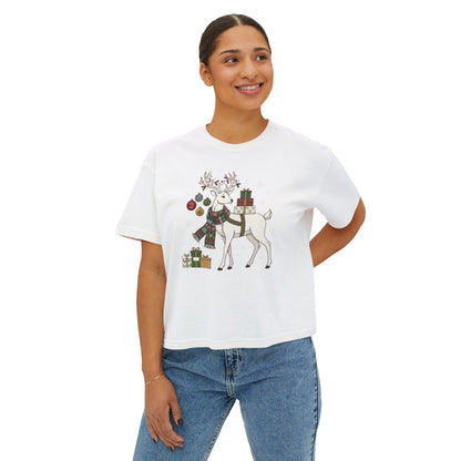 T-shirt boxy da donna con cervo natalizio