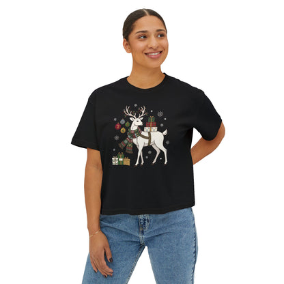 T-shirt boxy da donna con cervo natalizio