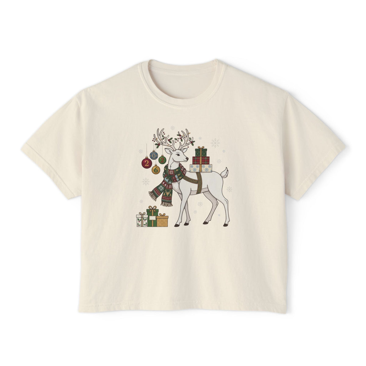 T-shirt boxy da donna con cervo natalizio