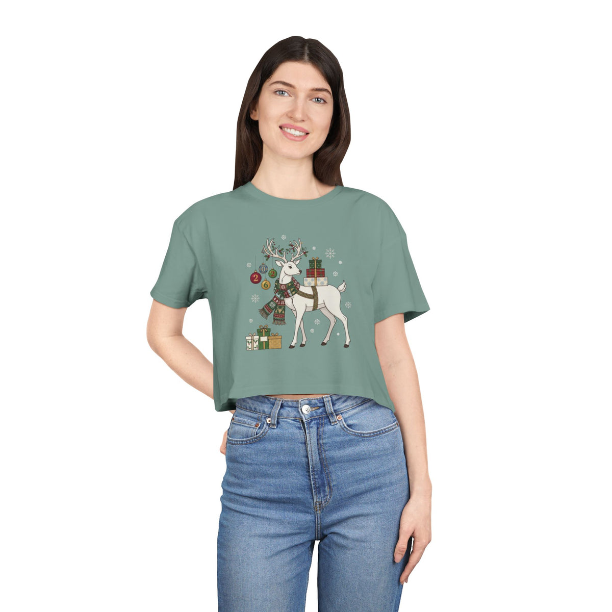 T-shirt corta da donna con cervo natalizio