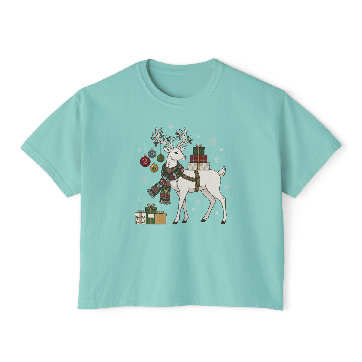T-shirt boxy da donna con cervo natalizio
