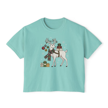 T-shirt boxy da donna con cervo natalizio