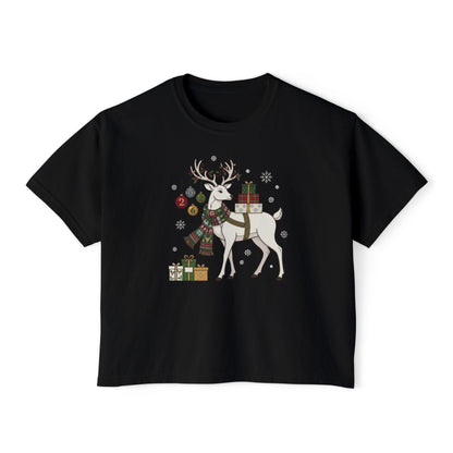 T-shirt boxy da donna con cervo natalizio