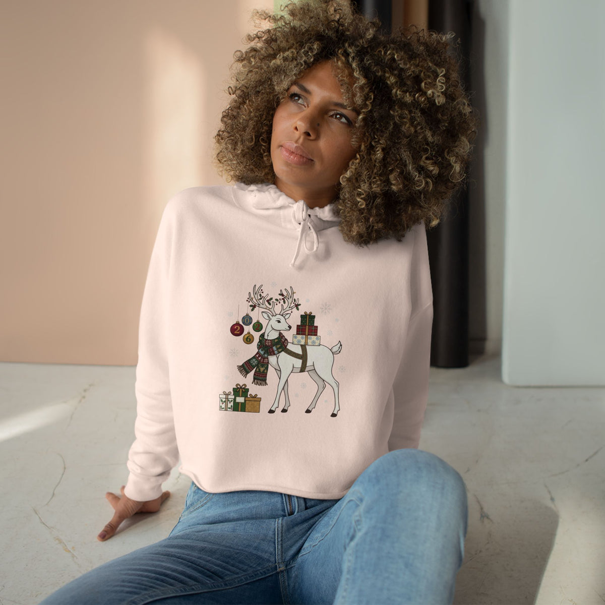 Felpa crop con cappuccio donna – Renna di Natale