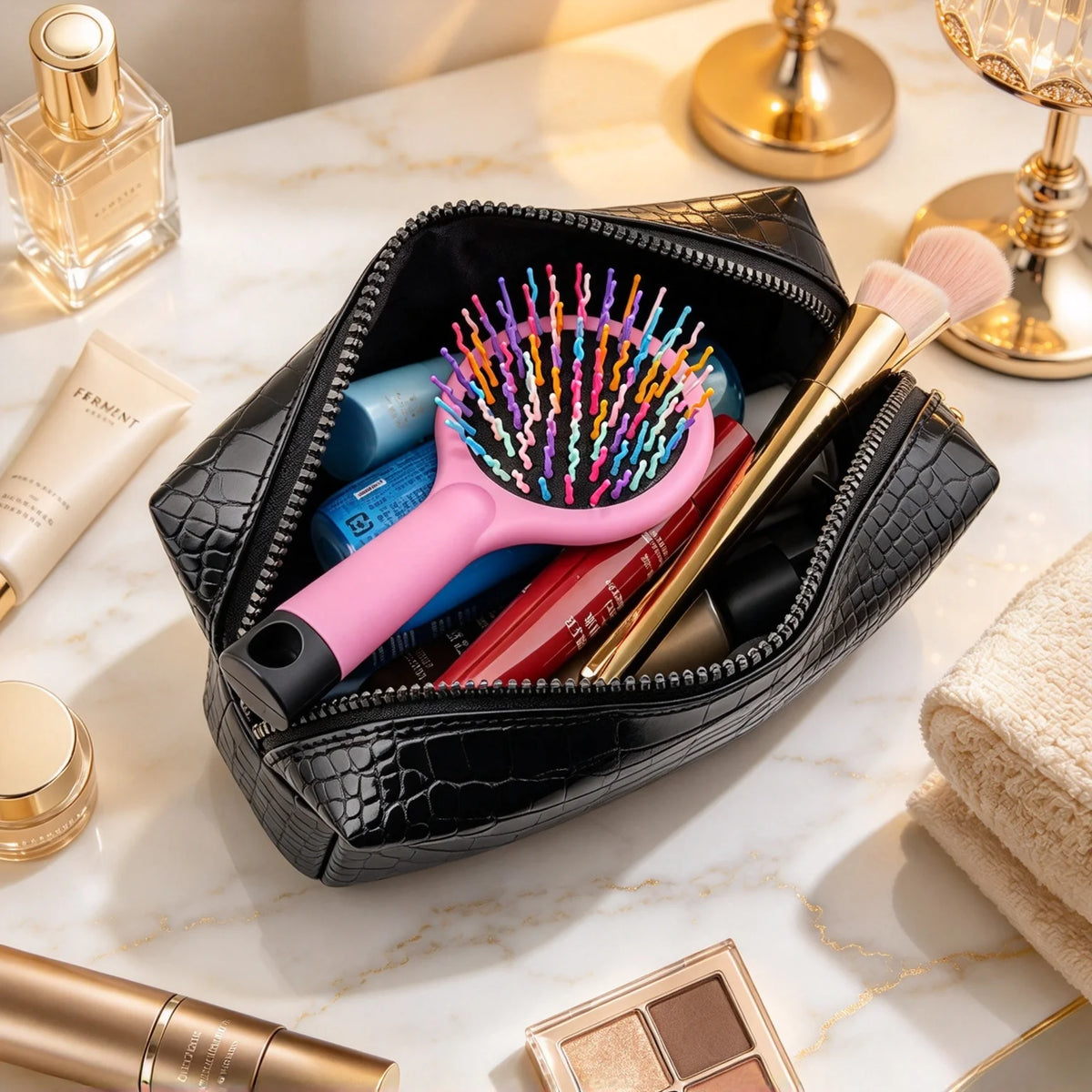 Beauty case da viaggio con lettere effetto coccodrillo