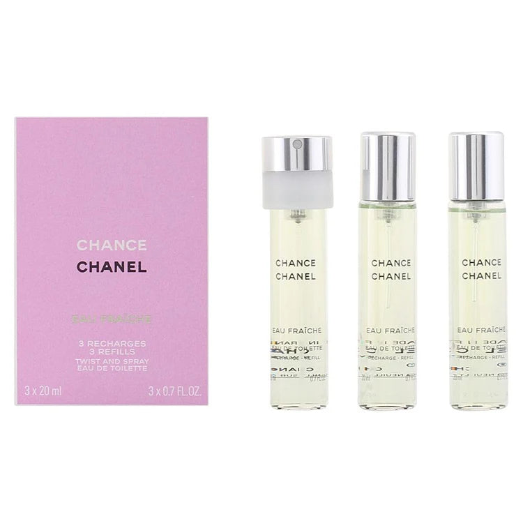 Chanel Chance Eau de Toilette Twist and Spray donna con tre ricariche, fragranza floreale chypre con limone, geranio e patchouli.