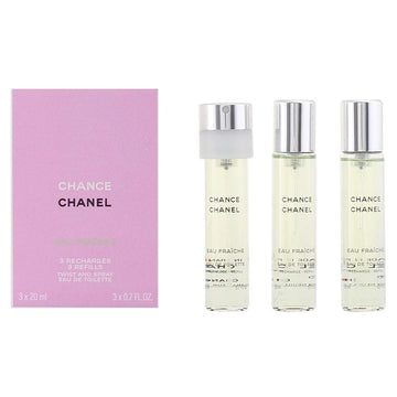 Chanel Chance Eau de Toilette Twist and Spray donna con tre ricariche, fragranza floreale chypre con limone, geranio e patchouli.