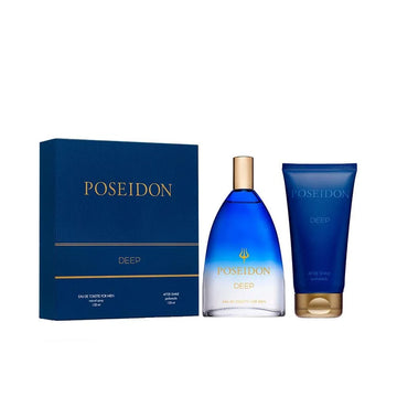 Poseidon Deep Men Eau de Toilette Set uomo con profumo spray e dopobarba, fragranza legnosa e speziata elegante e seducente.