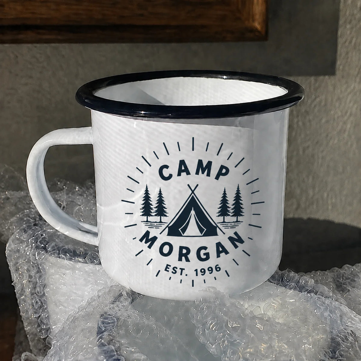 Tazza da campeggio smaltata con nome e logo aziendale 350 ml