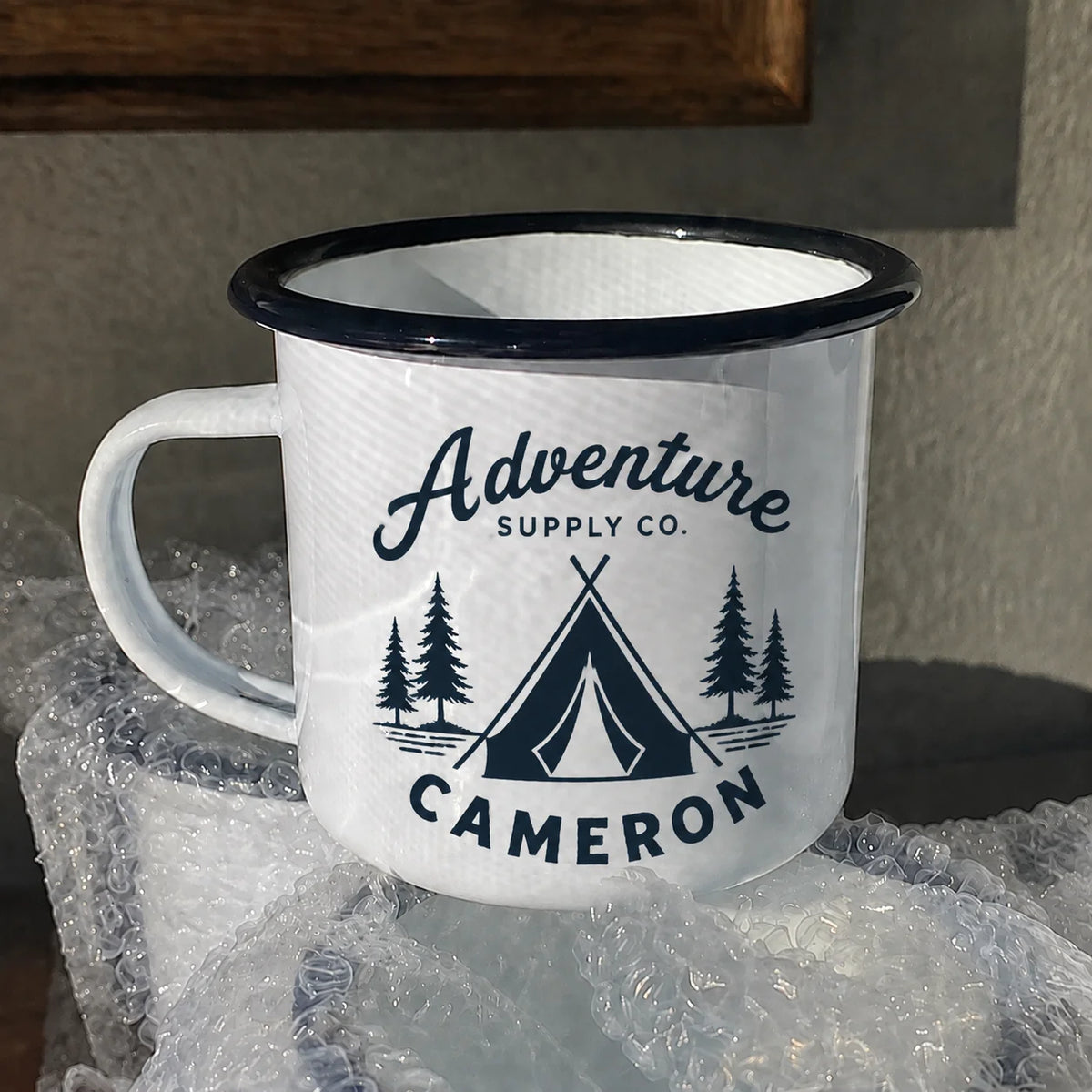 Tazza da campeggio smaltata con nome e logo aziendale 350 ml