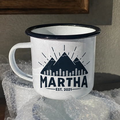Tazza da campeggio smaltata con nome e logo aziendale 350 ml