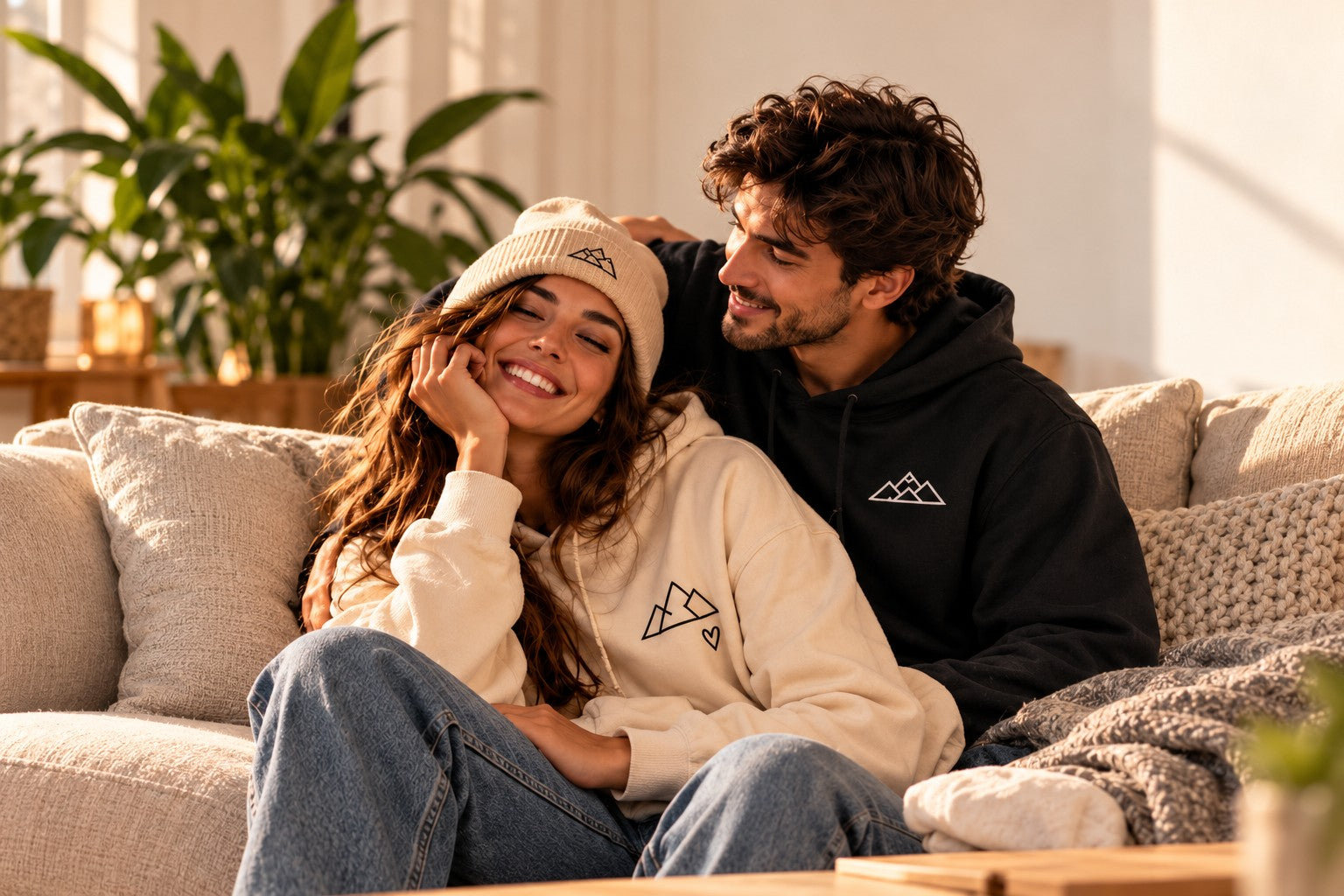 A couple wearing personalized Essenvora sweatshirts